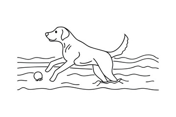 Labrador Retriever Fetching Ball in Water Line Art Drawing
