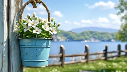 Fototapeta premium A bucket of white flowers hangs on the fence. 