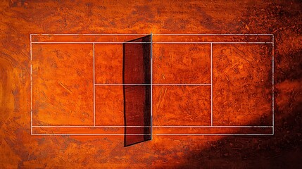 Aerial view of empty clay tennis court.