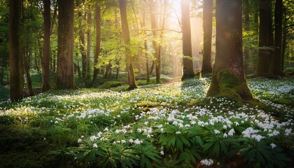 Obraz premium a serene forest scene captures a lush green landscape filled with delicate white flowers blooming under soft sunlight creating a tranquil and enchanting atmosphere