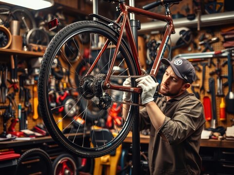 Adult Caucasian Man Repairing Bicycle in Workshop