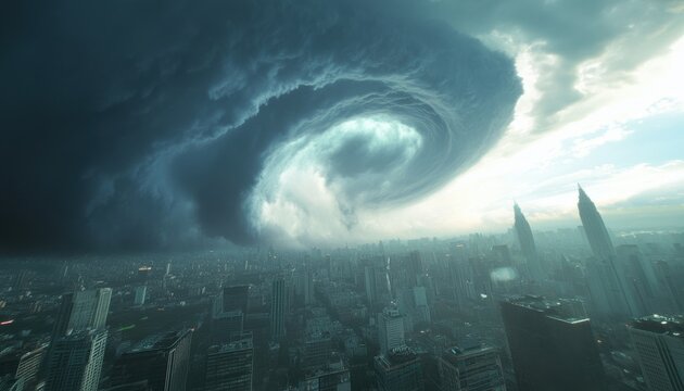 Storm surge massive swirling cloud formation over urban skyline cinematic viewpoint nature's power