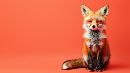 Obraz premium Cute red fox sitting happily on a vibrant orange background