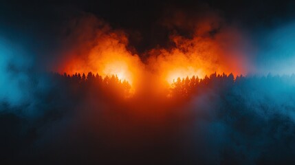 Naklejka premium Night forest, fiery glow, misty scene, surreal landscape, fantasy art