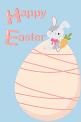 Happy bunny with easter egg and carrot pastel flat art design. Cute rabbit decorate with festive vector concept of celebration, holiday and spring time for postcard clipart illustration style.