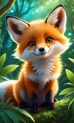 Fototapeta premium Adorable cartoon fox in enchanted forest with soft lighting and vibrant greenery