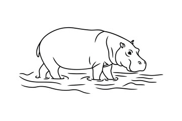Line drawing of a hippopotamus wading in shallow water
