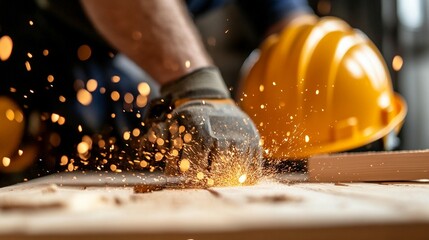 Close-up of worker's hands using an angle grinder, sparks flying, safety helmet in background.