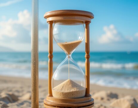 Hourglass on sandy beach ocean waves background Time passing concept Summer vacation relaxation
