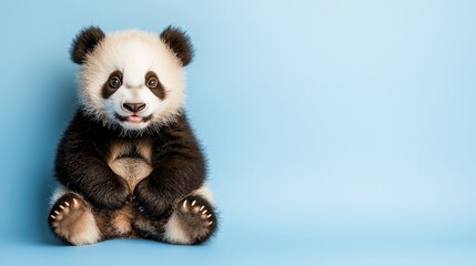 Fototapeta premium Adorable Baby Panda Sitting on Blue Background with Expressive Face