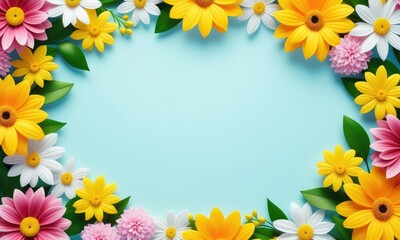 Obraz premium Colorful floral frame with vibrant daisies and sunflowers on blue background