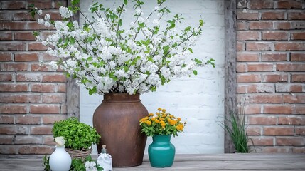 Rustic arrangement of white and yellow flowers in terracotta and teal vases