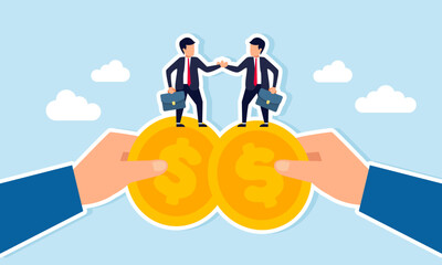 Two businessmen shake hands on top of two dollar coins held by hands, illustration of an agreement in business investment collaboration