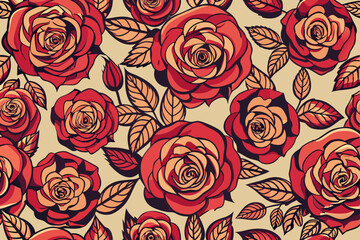 Seamless pattern of red rose and leaf background. vector background 