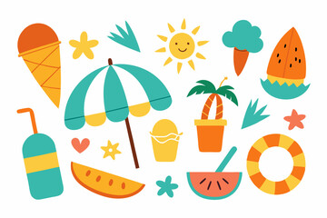 Set of cute summer icons,  food, drinks and palm leaves. Bright elements of party Summer. Essentials set for beach. Flat Vector illustrations.