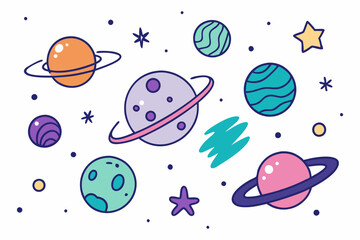 Planets Cartoon Vector Clip-art Set, Isolated Cute Planets Illustration On White Background