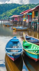Obraz premium Colorful boats line a coastal fishing village beside sturdy wooden piers. Vertical.