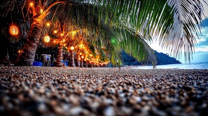 Serene beach at dusk, illuminated by warm string lights under palm trees