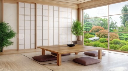 Naklejka premium Tranquil japanese room interior with garden view evoking serene contemplation