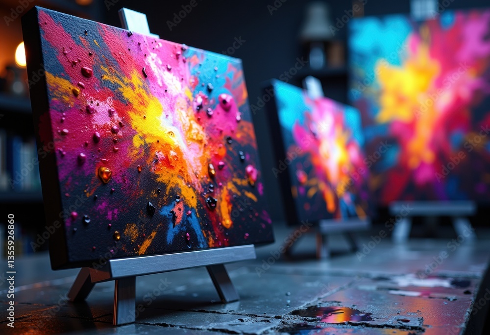Poster vibrant abstract paintings with splashes of color on display in a gallery