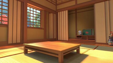 Fototapeta premium Traditional japanese tatami room interior with table and view on serene garden