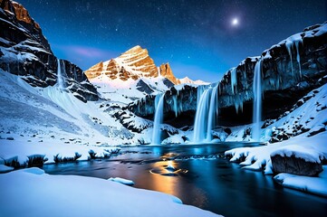 A beautiful mountain landscape with a waterfall and a river