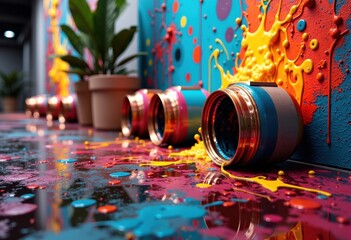 Colorful paint splashes and cans create a vibrant artistic scene