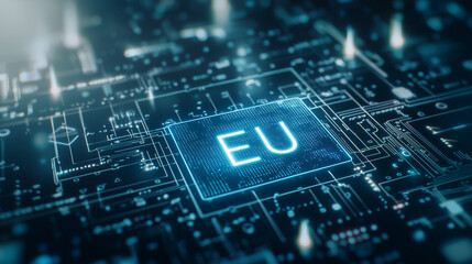 Digital EU: The glowing "EU" symbol dominates a close-up view of a high-tech circuit board, hinting at digital transformation and technological prowess.