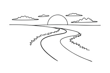 Serene Sunset Landscape Winding River, Clouds, and Simple Line Art