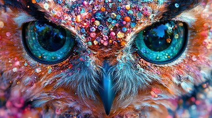 Sparkling owl close-up, vibrant colors, glittering eyes.