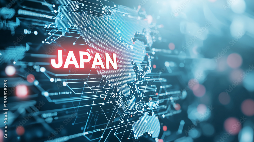 Aufkleber digital japan: a futuristic and abstract representation of japan on a digital world map, lit with ne