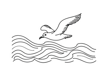 Seagull Soaring Above Ocean Waves Line Art Drawing Illustration
