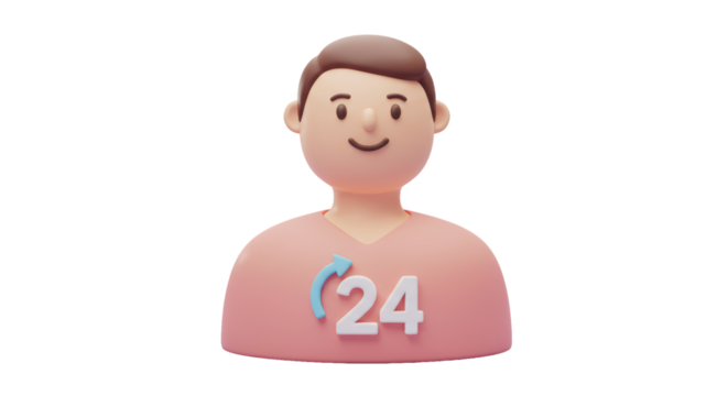 Isolated 3D Customer Support Avatar with 24/7 Symbol