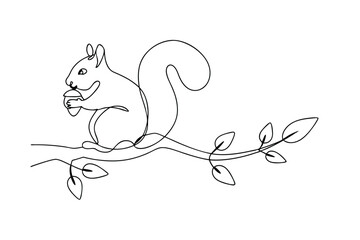 Singleline drawing of a squirrel eating on a branch