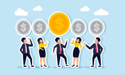 Businesspeople gather, each with a gray dollar coin above their head, except for one retaining its original color, illustration of tendency in choosing investors
