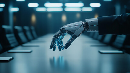 Digital Hand: Robotic Hand in Business Meeting: A metallic hand of a robot poised over the meeting room table, sparking a high-tech revolution.