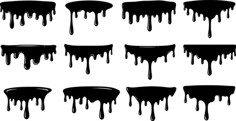 Obraz premium Silhouette dripping paint or black liquid melting, vector illustration set isolated on a white background. Dripping oil, cartoon style design elements collection.