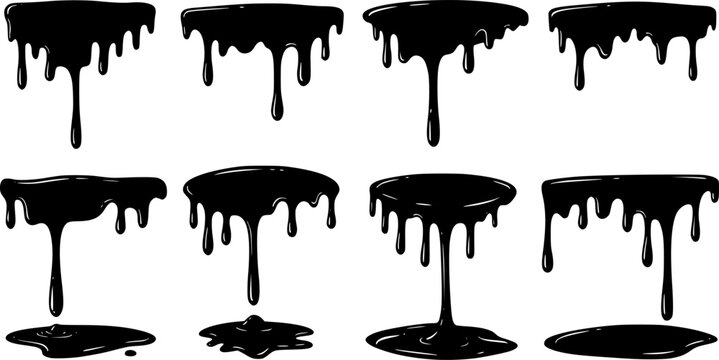 Silhouette dripping paint or black liquid melting, vector illustration set isolated on a white background. Dripping oil, cartoon style design elements collection.