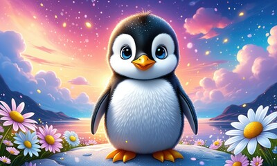 Naklejka premium Adorable cartoon penguin amidst vibrant sunset with flowers