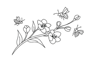 Elegant Line Art Blossoming Branch with Busy Honeybees