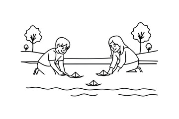 Children launching paper boats, serene park, peaceful river scene
