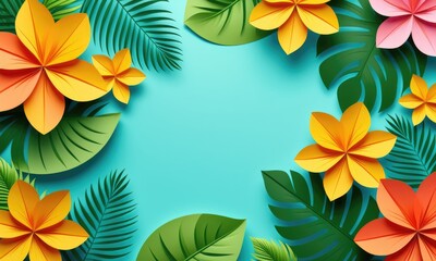 Fototapeta premium Vibrant tropical paper flowers and leaves on aqua background for summer designs