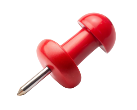 Red Pushpin Isolated on Transparent Background. Classic Red Pin. Red Thumbtack Close-Up. Red Pin.