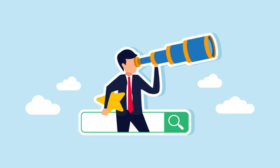 A businessman emerges from a search engine, peering into the distance while hold a star, illustration of efforts in monitor and analyze the improve of business service quality
