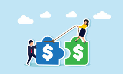 Businessman and businesswoman work together to connect dollar-marked puzzle pieces, illustration of a match in balancing business finances