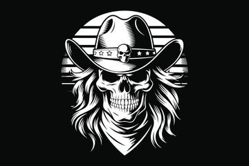 skull cowboy Black and White Vector
