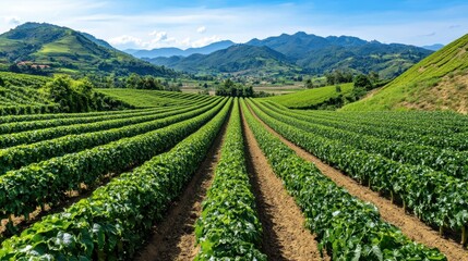 Lush Green Agricultural Fields with Rows of Crops Under Clear Blue Sky and Mountain Background
