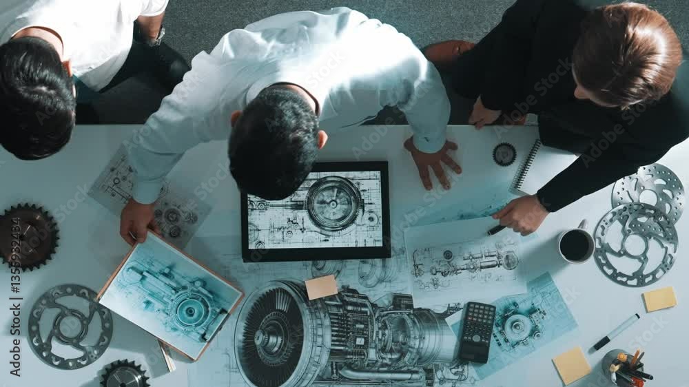 Aufkleber time lapse of professional engineer working together while looking at jet engine. aerial view of sma