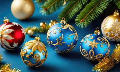 Festive christmas ornaments with gold embellishments and pine branches on blue background