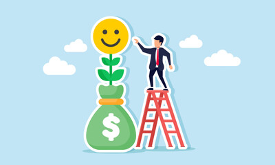 Businessman climbs a ladder, reaching for a bloom happy emoticon plant grow from a money sack, illustration of gaining results from investment in business promotion and education